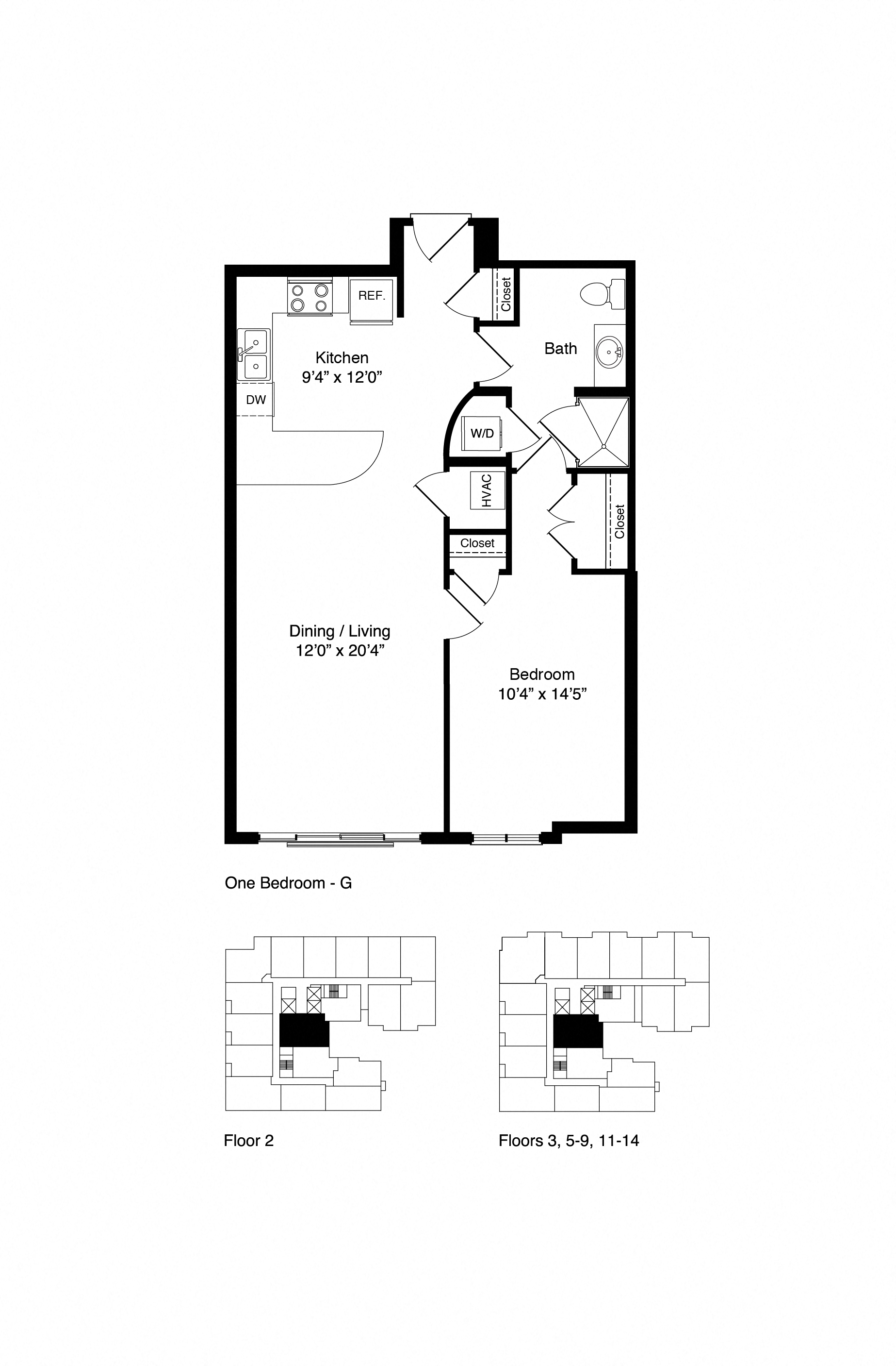 Floor plan for 1 bed, 1 bath, 792 sqft